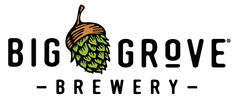 Big Grove Brewery logo featuring a green and brown illustrated hop cone between the words ‘Big’ and ‘Grove,’ with ‘Brewery’ written below.