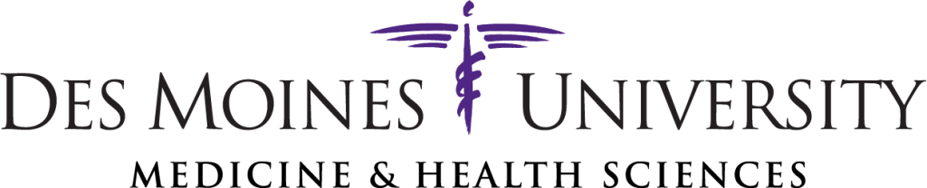 Des Moines University Medicine & Health Sciences logo featuring stylized purple wings and staff symbol above the university name.