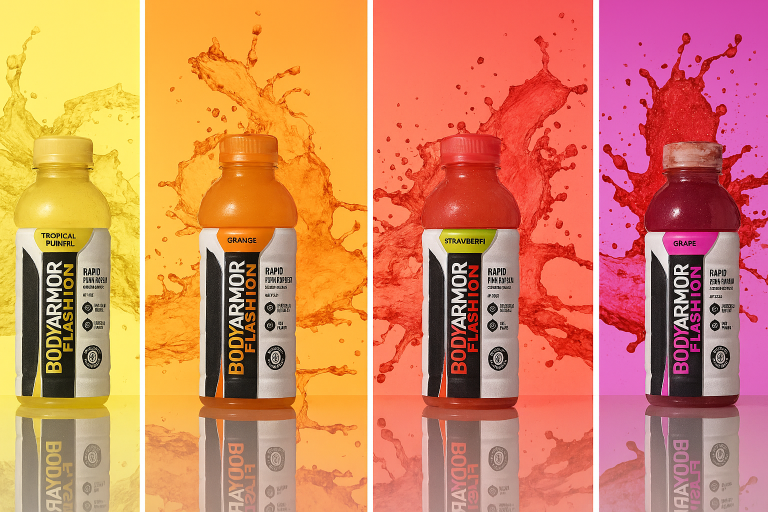 Four BODYARMOR Flash drink bottles—Tropical Punch, Orange, Strawberry, and Grape—displayed side by side against brightly colored splash backgrounds matching each flavor.