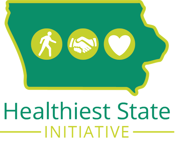Logo of the Healthiest State Initiative featuring the outline of Iowa with icons of a walking figure, a handshake, and a heart, with the words ‘Healthiest State Initiative’ below.
