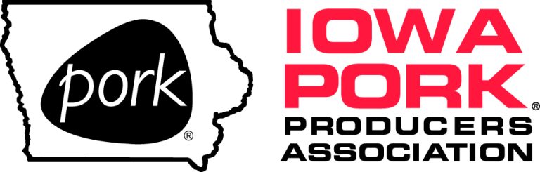 Logo featuring the outline of Iowa with a black pork emblem on the left and the text ‘Iowa Pork Producers Association’ in bold red and black lettering on the right.