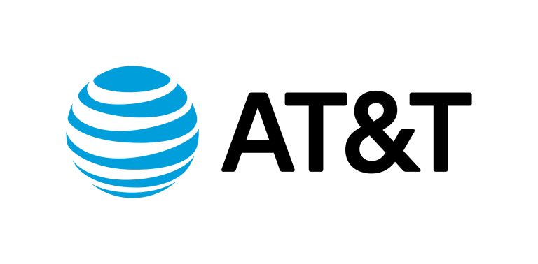 AT&T logo featuring a blue striped globe icon next to the company name in black text.