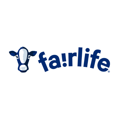 Fairlife farm logo with white and blue cow
