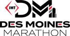 IMT Des Moines Marathon logo featuring a bold stylized ‘DM’ with red accents and the text ‘Des Moines Marathon’ beneath it.